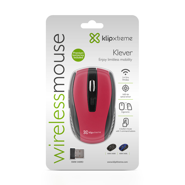 KLIP XTREME - MOUSE INALAMBRICO 3D DE 6 BOTONES 2,4GHZ USB NANO ROJO (KMW-340RD)